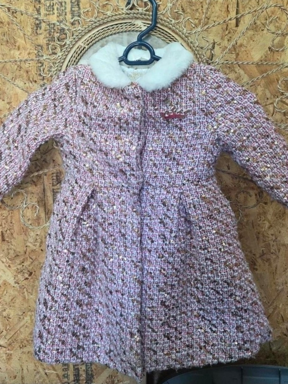 Girls' Pink Disney Princess Tweed Coat with Faux Fur Collar